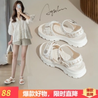 奧古獅登涼鞋女2023新款夏季百搭小香風沙灘鞋女時尚增高魔術貼露趾鞋子...